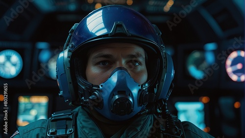This is a close up of a young male fighter pilot wearing a blue helmet and oxygen mask, sitting in a cockpit.
