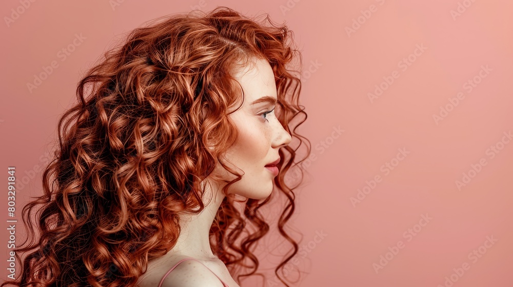 Vivid red haired girl portrait on soft pastel backdrop with ample space for text placement Vivid red haired girl portrait on soft pastel backdrop with ample space for text placement