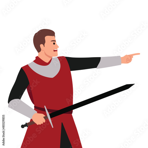 Young medieval warrior or knight with dirty wounded face holding big sword. Flat vector illustration isolated on white background