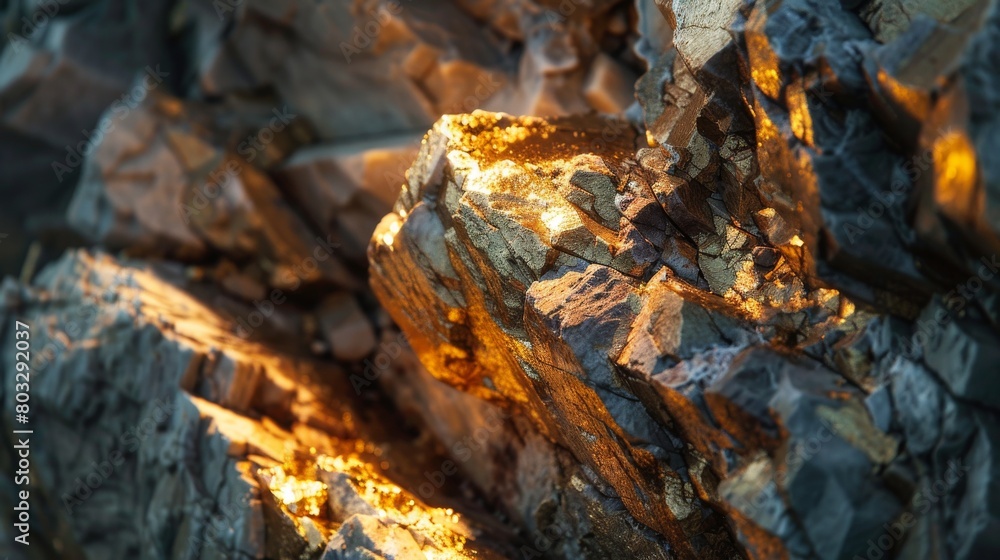 Close-up of a rich gold vein in rock under sunlight, showcasing the natural beauty and value of mineral resources