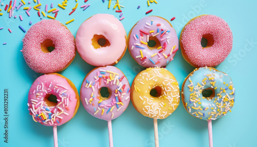 Colorful donuts with sprinkles on blue background
