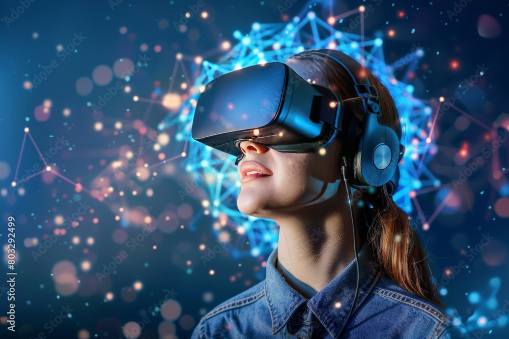 A woman is using a virtual reality headset, experiencing immersive digital content A woman is using a virtual reality headset, experiencing immersive digital content