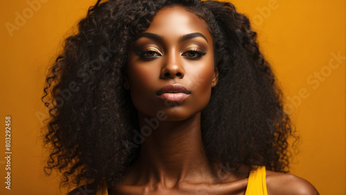 Portrait of beautiful black dark skin woman isolated on yellow background © adynue