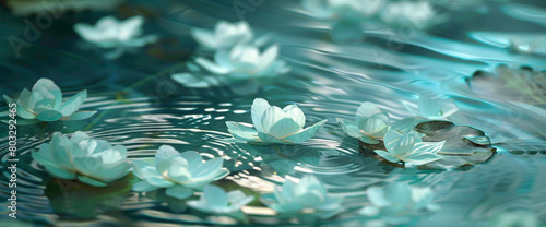 Delicate teal-colored petals floating on the surface of a tranquil pond, creating a serene tableau of nature's beauty.