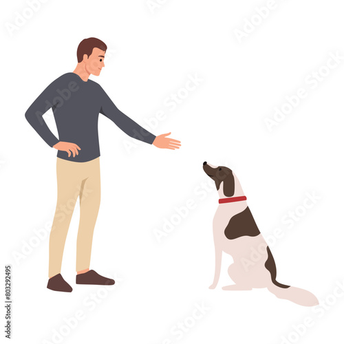 Young man talking to his pretty dog. Flat vector illustration isolated on white background