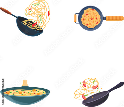 Cookery icons set cartoon vector. Various tasty dishes cooked in frying pan. Food concept