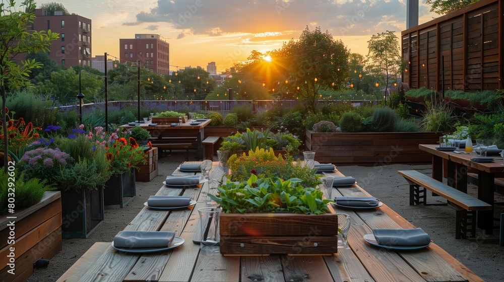 Sunset Farm-to-Table Dining in Urban Oasis, generative ai