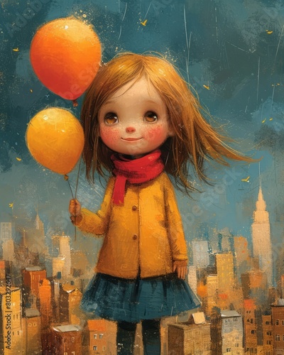 Illustration of a happy little girl with two balloons in a painting
