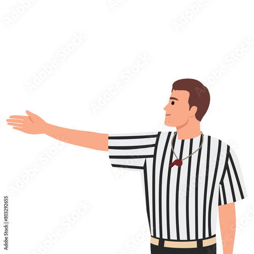 Referee Blowing Whistle and Calling First Down On Play. Flat vector illustration isolated on white background