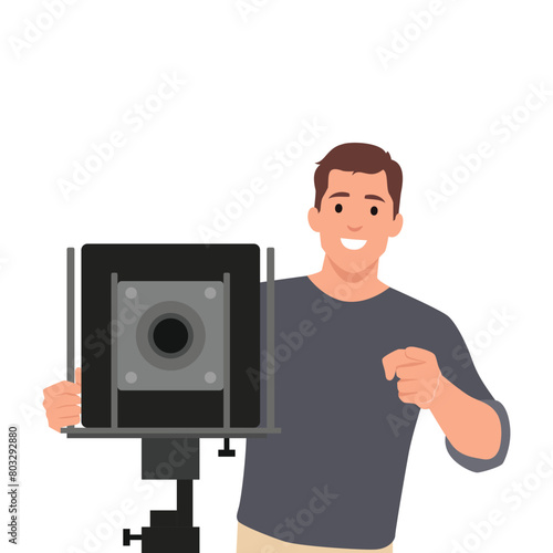Young man videographer filmmaker cinematographer dop. Flat vector illustration isolated on white background