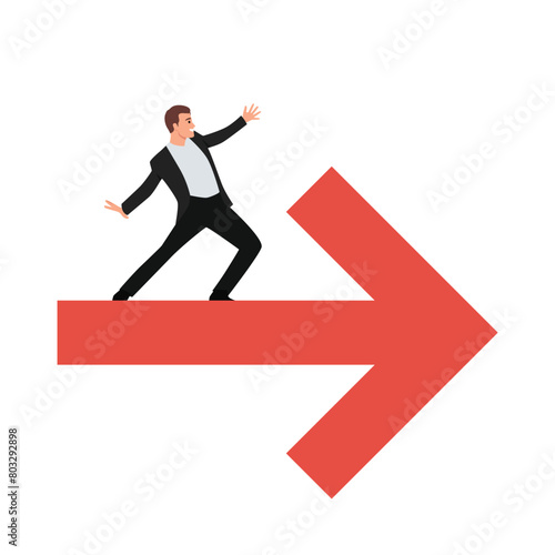 Businessman standing on a red arrow. Flat vector illustration isolated on white background