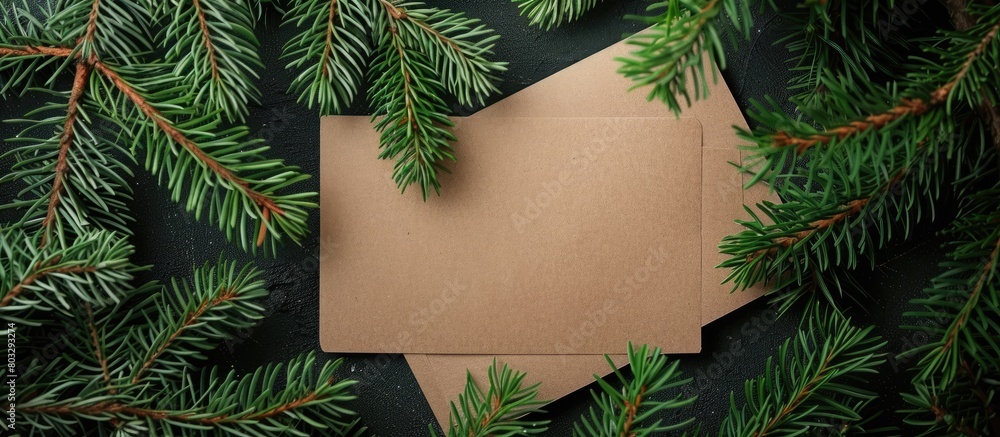 Christmas tree branches arranged artistically with a paper card note in a flat lay style, embodying a natural New Year theme. Christmas tree branches arranged artistically with a paper card note in a flat lay style, embodying a natural New Year theme.