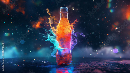 A colorful glass bottle of drink in blue, purple and yellow water splashes photo