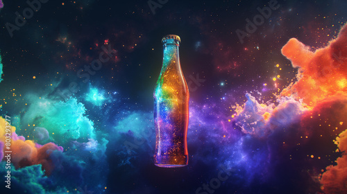 Neon glass bottle of drink on nebula space background