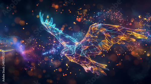 A dreamy colorful flying bird on a space background