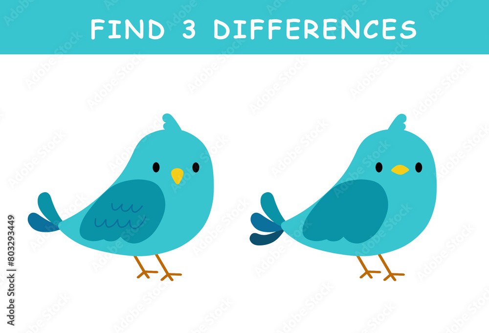Find 3 differences in illustration. Educational activity with cute bird illustration. Spot difference. Educational fun game for children. Find 3 differences in illustration. Educational activity with cute bird illustration. Spot difference. Educational fun game for children.