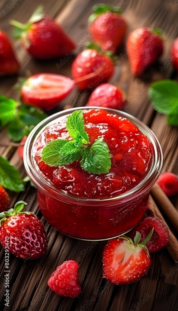 Glass jar filled with delicious homemade strawberry jam for fresh breakfast spreads Glass jar filled with delicious homemade strawberry jam for fresh breakfast spreads