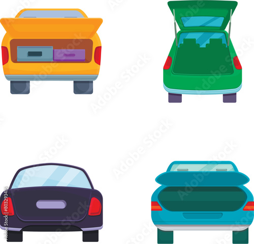 Car trunk icons set cartoon vector. Minivan with open trunk. Back view