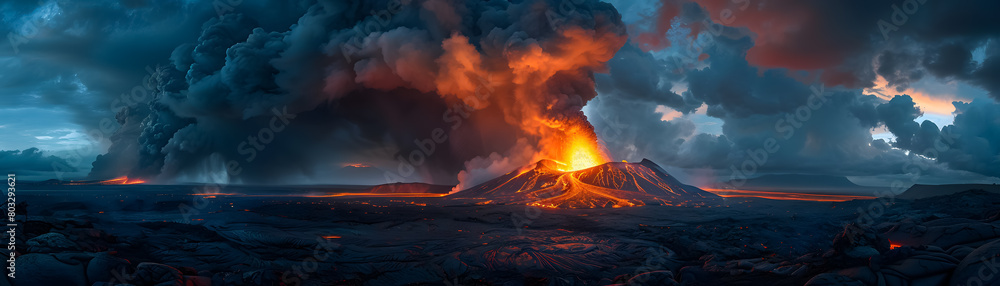 A volcano erupts on a distant planet, spewing lava and ash into the sky.