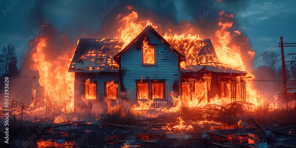 View of a house on fire in the night. Building is burning. View of a house on fire in the night. Building is burning.