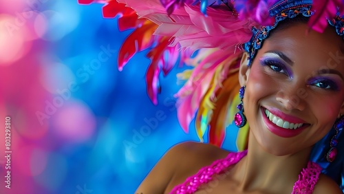 Brazilian samba dancer in colorful carnival attire performing with a joyful smile. Concept Brazilian Culture  Samba Dance  Carnival Attire  Joyful Expression  Colorful Costumes