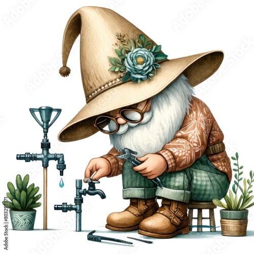 Gardening gnome with plants and tools. Charming character design for gardening themes, educational books, and eco-friendly concepts	
