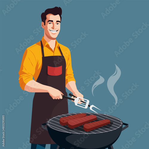 Vector flat cartoon illustration of a young handsome man with a spatula and fork frying meat on a barbecue.
