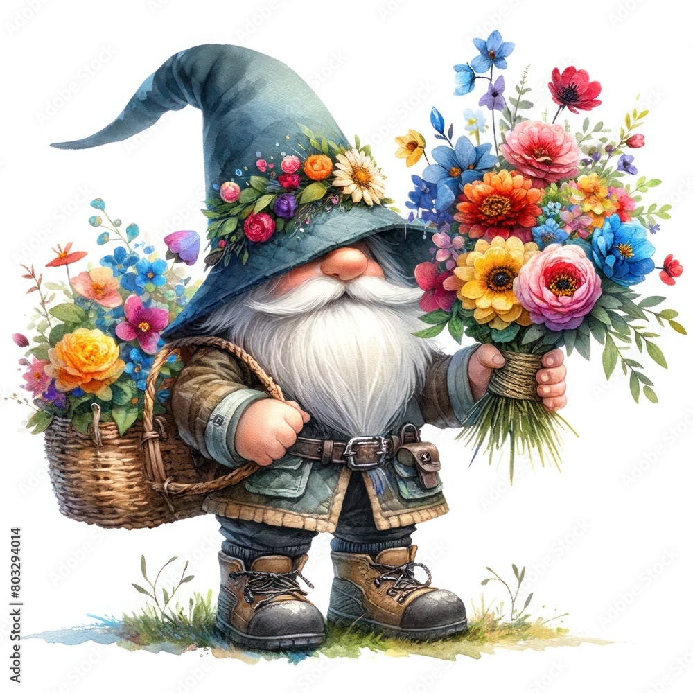 Gardening gnome with plants and tools. Charming character design for gardening themes, educational books, and eco-friendly concepts	
