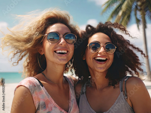 Summer holidays, vacation, travel and people concept - group of smiling young women in sunglasses taking selfie on beach