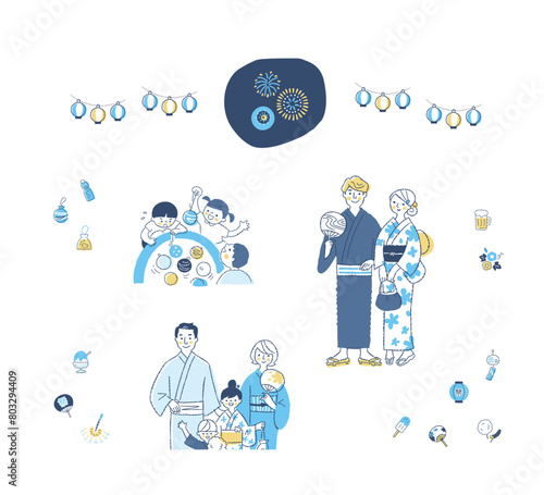 日本の祭りのイメージ　人物とアイコンセット