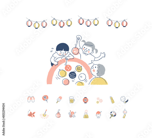 ヨーヨー釣りをする子供たちと祭りのアイコン