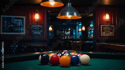 A pool table with a group of nine balls on it photo