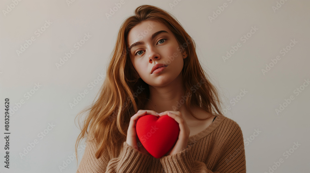 Young lady holding a plush heart, conveying emotions of love, romance, and care in a tender moment Young lady holding a plush heart, conveying emotions of love, romance, and care in a tender moment