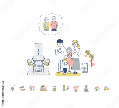 お墓参りをする家族とアイコン