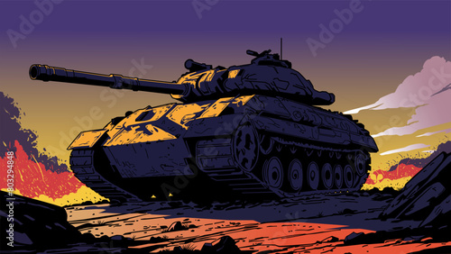The vector of a war tank against the sunset.