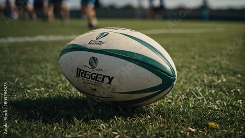A rugby ball on the green grass of an American football stadium