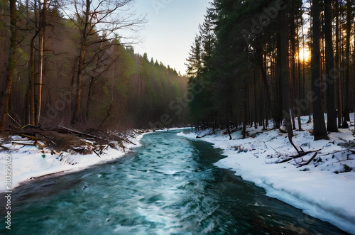 river in winter forest, A clear stream flows through a pine forest, with its banks covered in thick snow. Snow is falling, and it's cold in this part of Northern Europe. generative ai