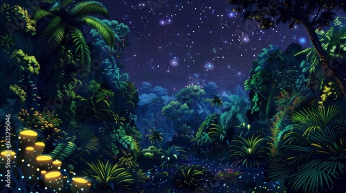Enigmatic bioluminescent jungle under a starry sky: A magical, glowing nighttime landscape