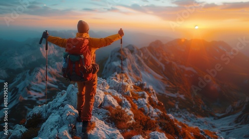 Achieving Greatness: Hiker Reaches Mountain Peak at Dawn, generative ai