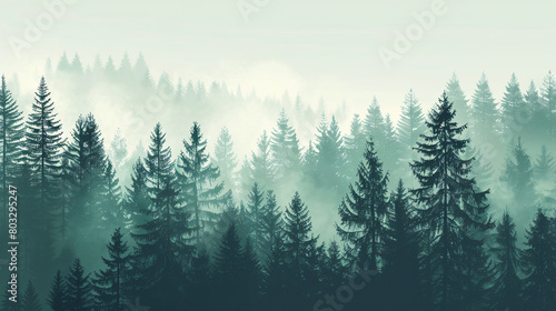 Foggy forest with dense trees © daniel