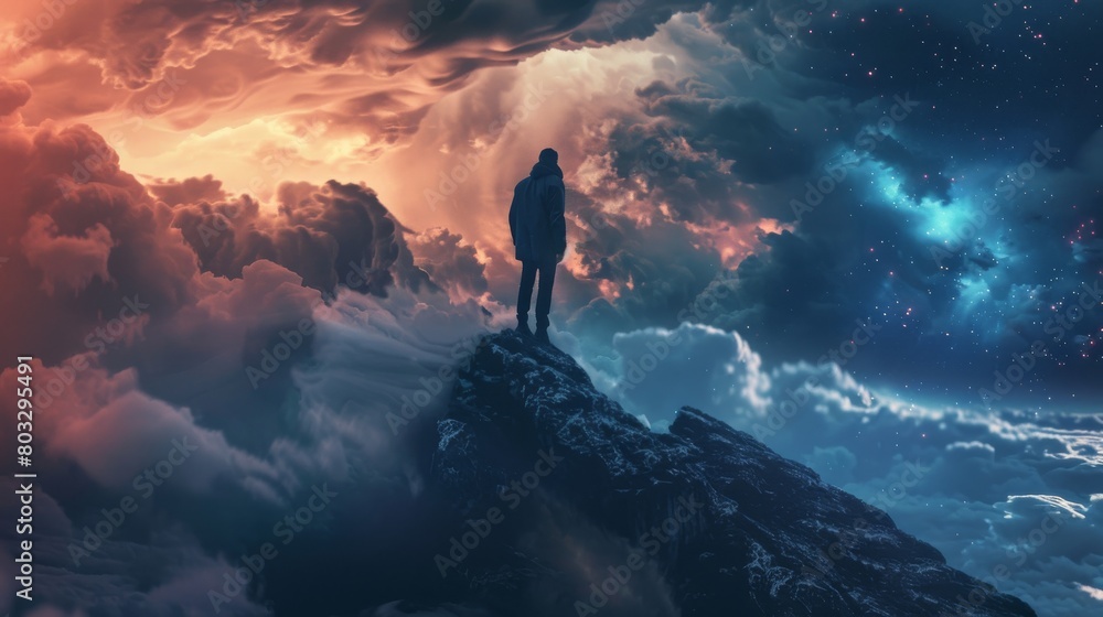 Man stands on mountain peak amid surreal cloudscape under starry night sky