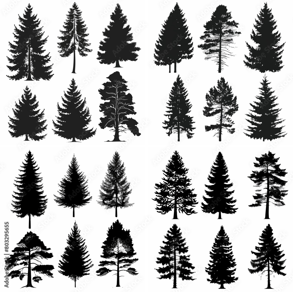 Obraz premium black tree silhouette set pure badge eco outline recreation breath emblem label protection graphic pine trunk woodland