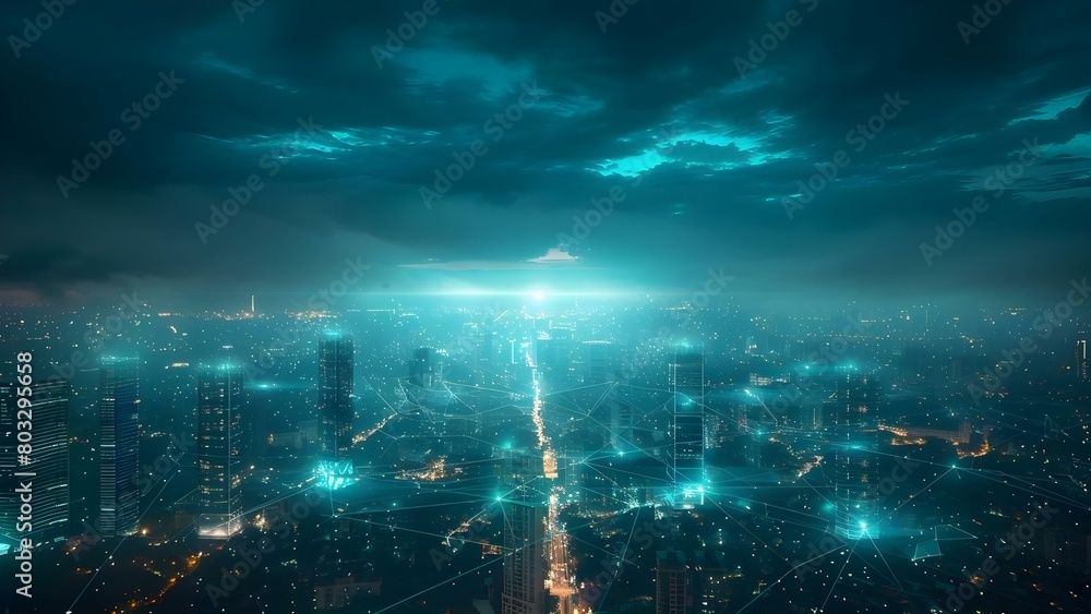 Securing the Future: Cityscape with Data Towers and Encrypted Networks for Cybersecurity. Concept Cityscape, Data Towers, Encrypted Networks, Cybersecurity, Securing the Future