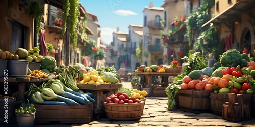 Fruits and vegetables in the market, 3d rendering. Computer digital drawing.