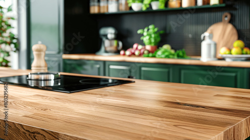 Close up of an empty warm wooden kitchen countertop with sink and faucet, emphasis on texture and craftsmanship. Scene showcase template for promotional items, banner, copy space