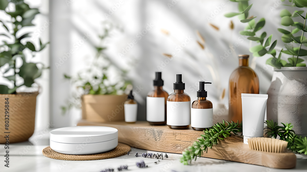 Product packaging mockups for a natural cosmetics line, Featuring eco friendly materials and minimalist design, Perfect for branding presentations
