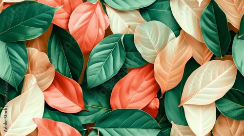 A small leaf in vibrant Cascades green, Bakelite gold, Highly-reflective white, and Rejuvenate coral colors against a minimal background with negative space. photo