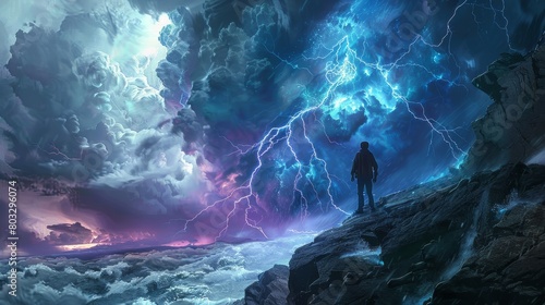 Mysterious figure stands on rocky shore under a dynamic stormy sky with vibrant lightning
