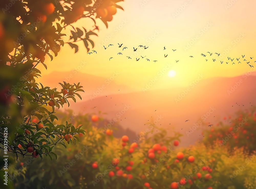 Sunrise over the mountain, birds flying in an orchard background, photo realistic, high resolution, high definition Sunrise over the mountain, birds flying in an orchard background, photo realistic, high resolution, high definition