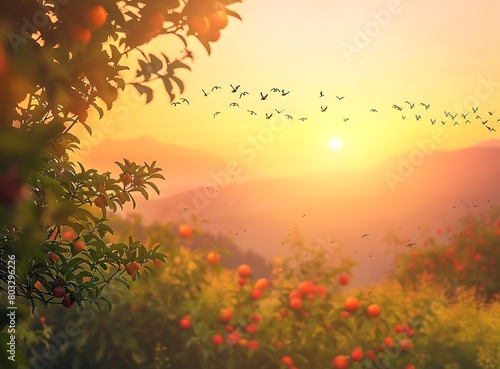 Sunrise over the mountain  birds flying in an orchard background  photo realistic  high resolution  high definition